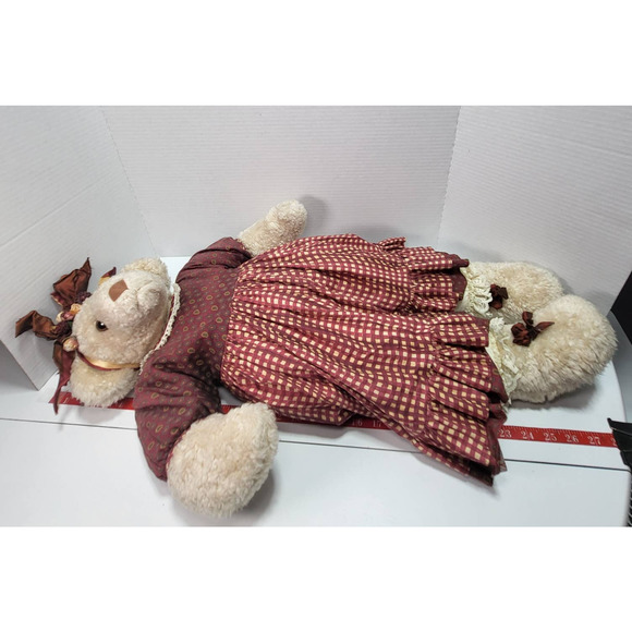 Fuzzy Dog Large Cream Colored Stuffed Plush Red Checkered Plaid Dress with Bows - Picture 9 of 9